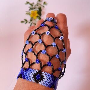 Elegant Blue and Black Beaded fishnet bracelet with ring attach, size 8 ring